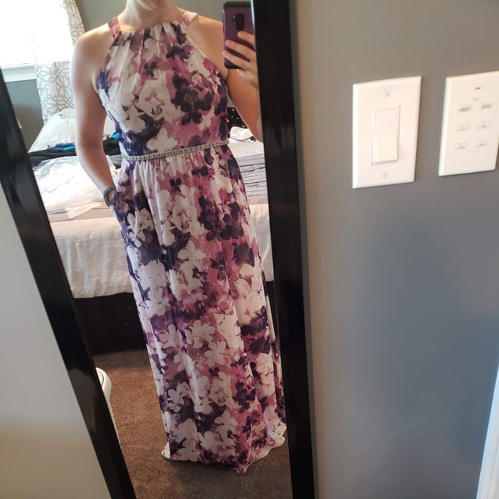 Floral Print Chiffon Dress with Beaded Belt